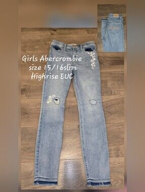 abercrombie kids Light Blue High-Rise Slim Jeans with Floral Embroidery